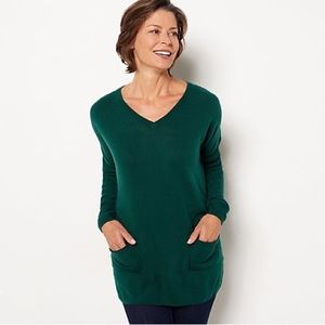 Denim & Co. Regular V-Neck Drop Shoulder Long-Sleeve Pocketed Tunic - Size Small